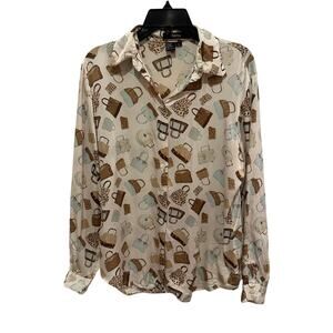 ISHYU Silk Blouse Handbag Print Button Front Top Size 10 Cream Brown